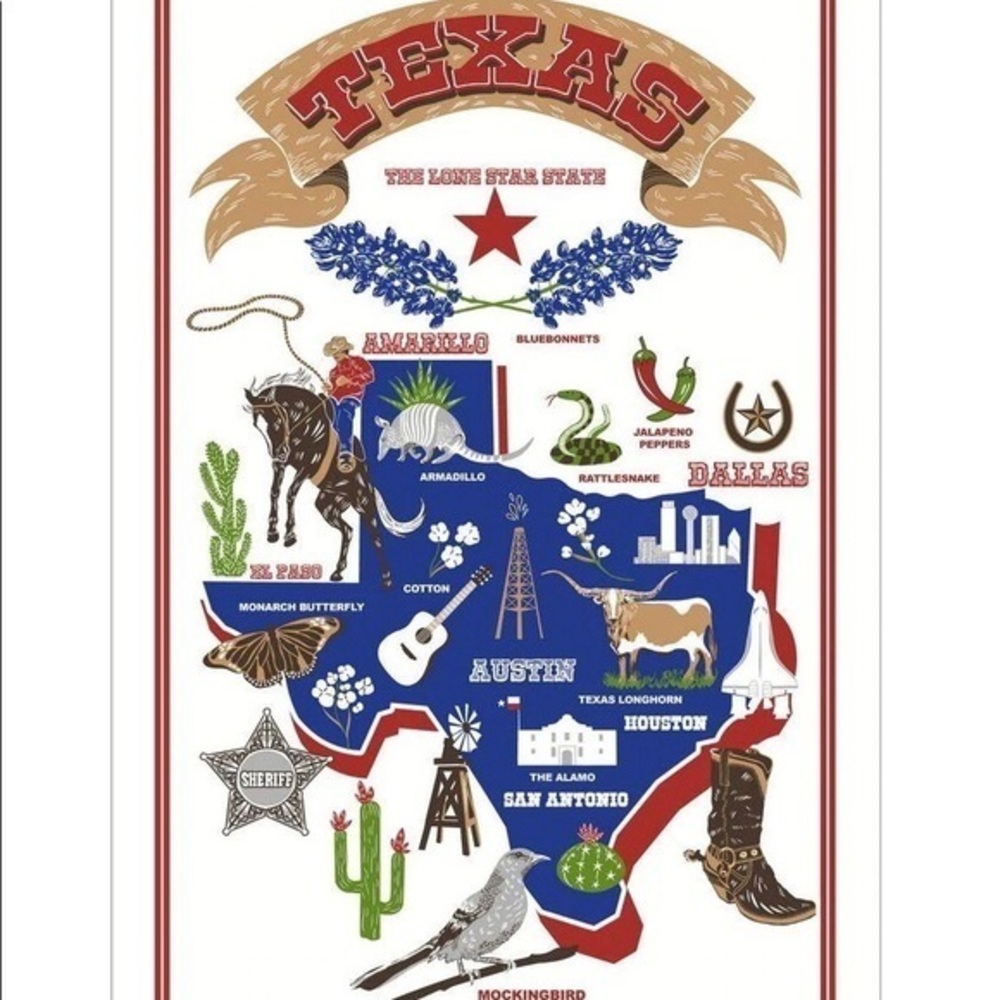 NEW TEXAS TEA TOWEL AMERICAN FLAG DESIGN &LANDMARKS TEXAS PRIDE LARGE SIZE,
